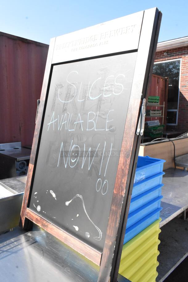 Wood Pattern A Frame Sidewalk Sign with chalk writing "Slices Available Now!" on a blackboard surface. Good condition.