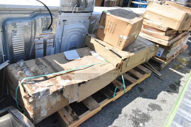 4 BRAND NEW SCRATCH AND DENT! items Including 475UCLG2BHBK Lavex Large Black 2-Shelf Utility Cart - 40 3/4" x 25 1/2" x 33 1/2", 600TB1896G Regency 18" x 96" 18-Gauge 304 Stainless Steel Commercial Work Table with 4" Backsplash and Galvanized Undershelf. 4 Times Your Bid! - Image 1 of 6