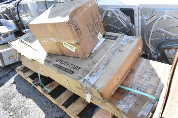 4 BRAND NEW SCRATCH AND DENT! items Including 475UCLG2BHBK Lavex Large Black 2-Shelf Utility Cart - 40 3/4" x 25 1/2" x 33 1/2", 600TB1896G Regency 18" x 96" 18-Gauge 304 Stainless Steel Commercial Work Table with 4" Backsplash and Galvanized Undershelf. 4 Times Your Bid! - Image 2 of 6
