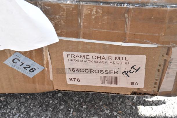 Cardboard box showing label for "FRAME CHAIR MTL CROSSBACK BLACK, AS OR KD" with model 164CCROSSFR, marked PCI.