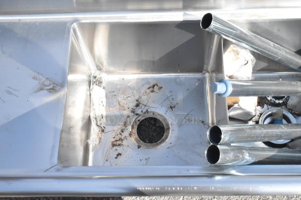 BRAND NEW SCRATCH AND DENT KoolMore SB151512-15L3 Stainless Steel 2 Bay Sink with Left Side Drain Board, visible debris.