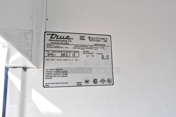 True T-49F commercial freezer label, showing model, voltage, and NSF certification; made in USA.