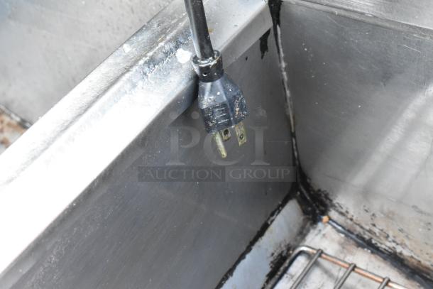 Frymaster FPH350CSD stainless steel 2-bay deep fat fryer, 80,000 BTU, natural gas, showing interior condition and plug.