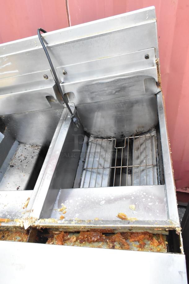 Frymaster FPH350CSD 2-bay deep fat fryer, stainless steel, natural gas, 80,000 BTU, commercial use, visible wear.