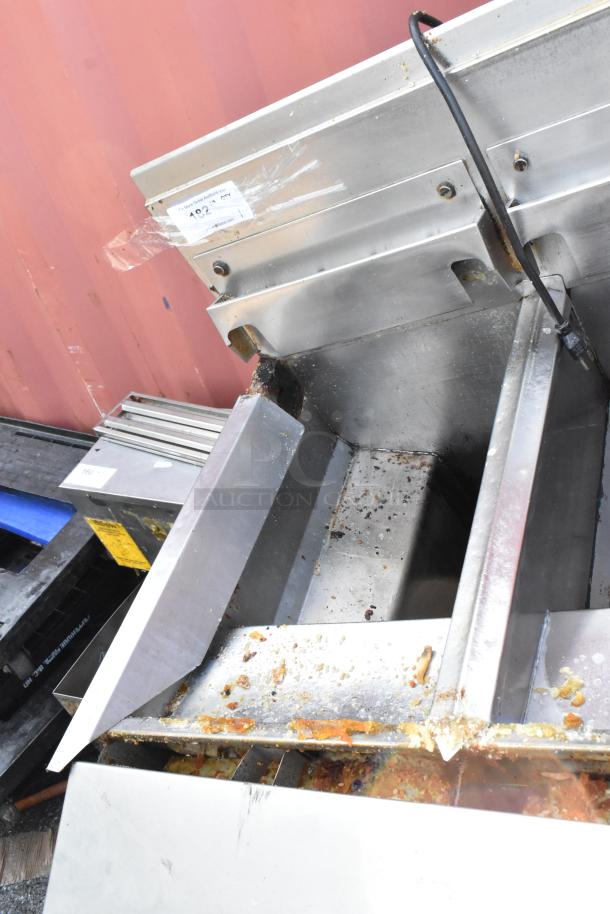 Frymaster FPH350CSD stainless steel 2-bay deep fryer, 80,000 BTU, natural gas powered, commercial use, visible dirt.