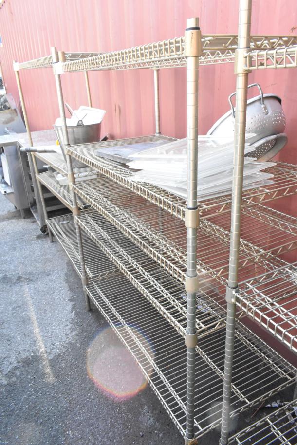 Chrome finish 5-tier wire shelving unit with assorted contents. Buyer must dismantle. Consider freight charges.