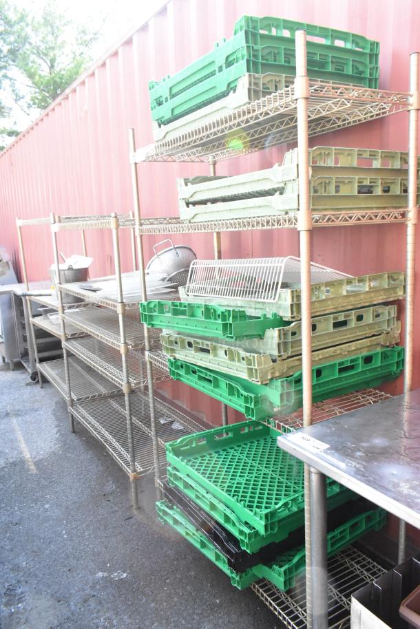 Chrome finish 4-tier wire shelving unit with assorted green trays. Buyer must dismantle; consider freight charges.
