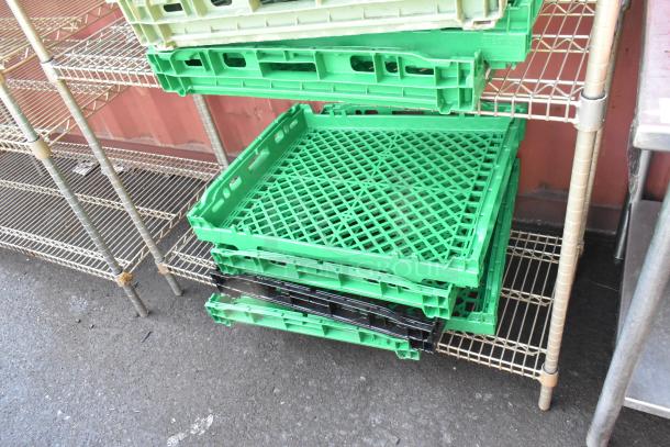 Chrome finish 4-tier wire shelving unit with green plastic trays included. Shelving in good condition, buyer must dismantle.