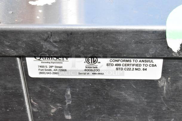 QualServ stainless steel commercial portable sink on casters, label shows ANSI/UL certification and serial number 499-0942.