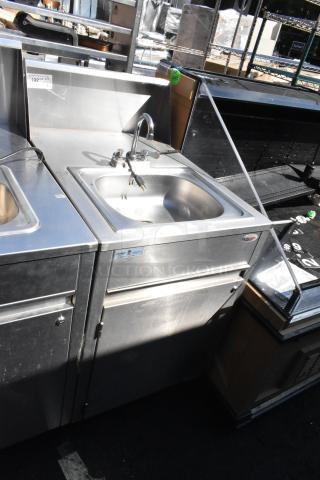 QualServ WMSC24MS stainless steel portable sink on casters, commercial faucet, good condition, label visible.