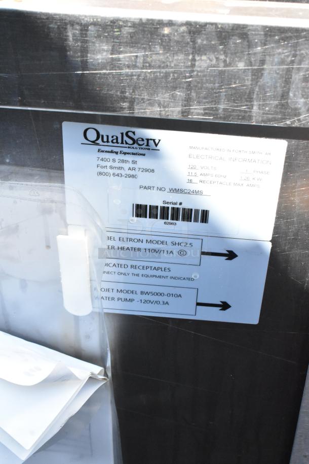 QualServ WMSC24MS stainless steel portable sink with commercial casters, visible label details electrical specs.