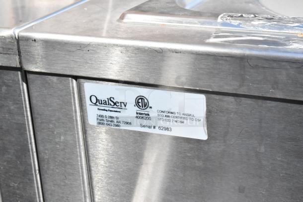 QualServ WMSC24MS stainless steel portable sink with commercial casters. Visible label shows ANSI/UL compliance. Serial #62983.