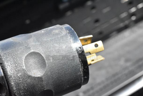 Close-up of electrical plug for 2019 Killion PFW-74-46-48-V-N-MOBILE Grab N Go Merchandiser, black housing, gold prongs.