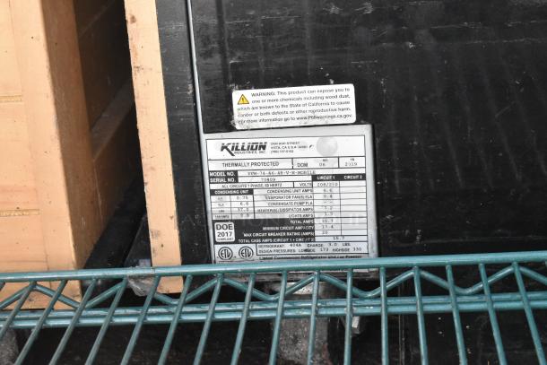 2019 Killion PFW-74-46-48-V-N-MOBILE metal merchandiser label, showing voltage (208/230V) and phase (1).