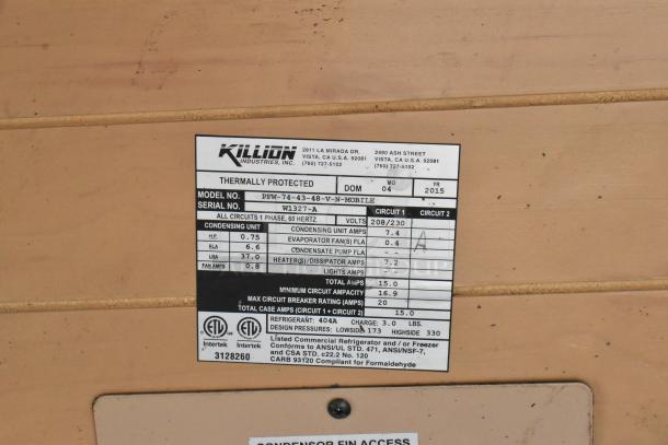Killion PFW-74-43-48-V-N-MOBILE merchandiser, 208/230V, serial W1327-A, thermally protected, commercial fridge, metal build.