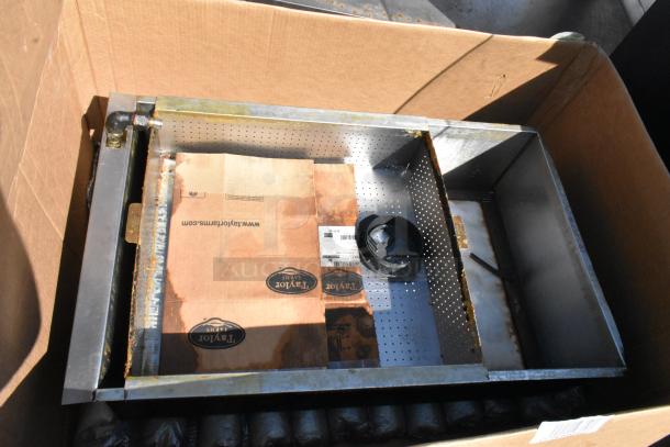 Metal Unit in used condition, featuring a perforated metal tray. Includes cardboard inserts and attached fittings.