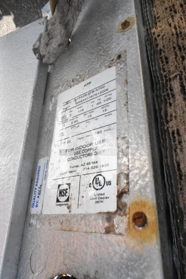 HTA28-97B-A700 Metal Evaporator Fan, 115V, 1 Phase. Rust marks, detailed label with specs, "Quality Assured" sticker.