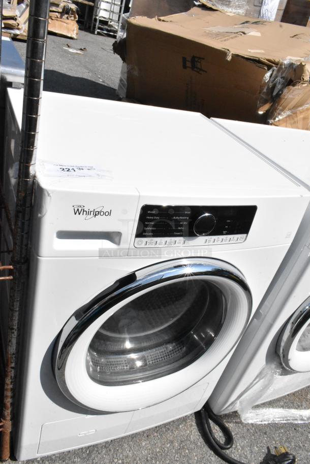 Whirlpool metal front load dryer, white, chrome door, with control panel, visible model and cycle options, minor wear.