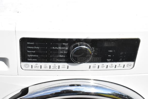 Whirlpool front load dryer control panel with various settings like mixed, heavy duty, normal, delicate, and wool.