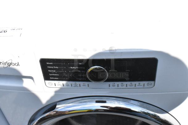 Whirlpool front load dryer, white metal, digital control panel with multiple settings, gently used condition.