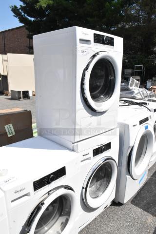Whirlpool metal front-load dryer and WFW5090JW0 washer set, white, good condition, 120 volts, auction lot.
