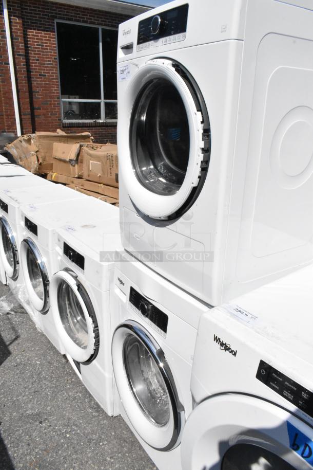 Whirlpool front load dryer and WFW5090JW0 washer. Metal exterior, visible controls. Washer: 120V, 1 phase.