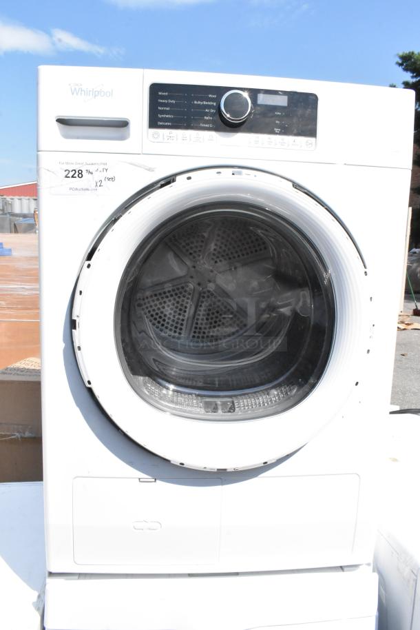 Whirlpool front load washer WFW5090JW0, metal, 120 volts, 1 phase. Visible control panel, minimal wear. Auction includes dryer.