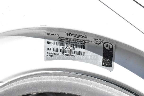 Whirlpool WFW5090JW0 front load washer tag, 120V, 10A, made in Italy, model WFW5090JW0, UL certified.