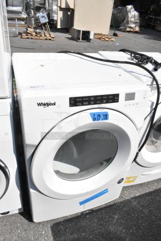 Whirlpool WHD560CHW1 front load washer, metal finish, 120/208-240V, 1 phase, visible control panel, slight wear.