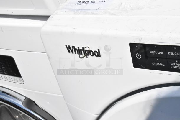 Whirlpool WHD560CHW1 front load washer, white, metal, 120/208-240V, 1 phase, control panel with cycle options visible, minor wear.