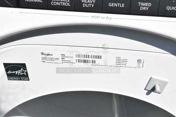 Whirlpool WHD560CHW1 front load washer, metal finish, Energy Star certified. Voltage: 120/208-240V, 1 Phase. Model label visible.