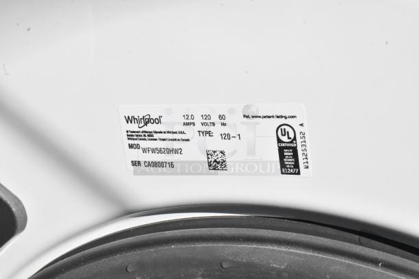 Whirlpool WFW5620HW2 front load washer label, showing model, serial number CA0800716, 120V, 1 phase, UL certified.