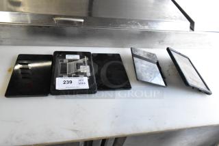 Five various tablets, including Lenovo TB-8505F, in used condition. Label indicates auction lot number 239, quantity five.