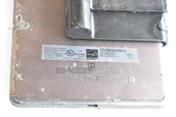 5 tablets including Lenovo TB-8505F, moderate wear. Label indicates model, UL listed, made in China, Dolby Audio.