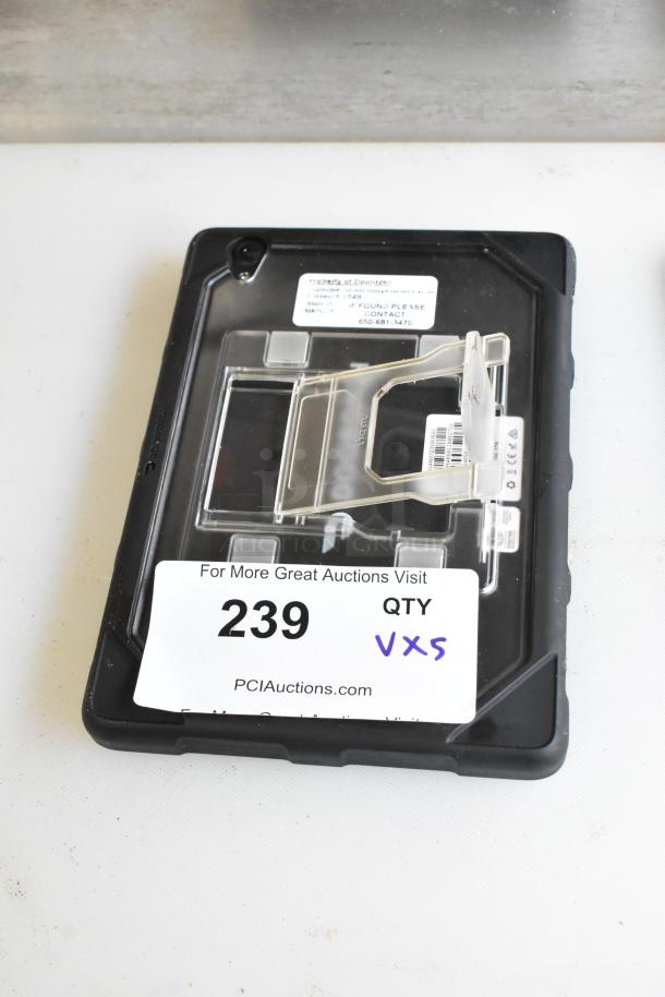 Five assorted tablets including Lenovo TB-8505F, black cases, quantity label displaying "239 QTY 5," visible contact sticker.