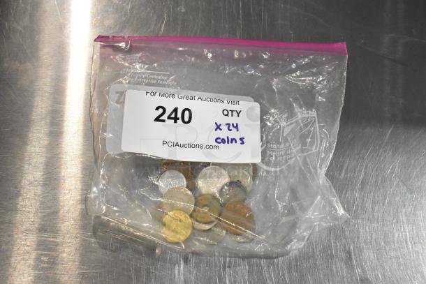 Lot of 24 various coins in a clear plastic bag labeled "240 QTY x 24 coins" by PCIAuctions.com.