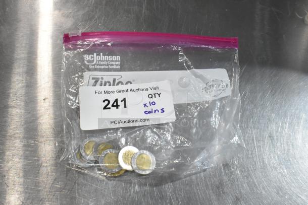 Lot of 10 various coins in a Ziploc bag, labeled "241" with PCI Auctions info; coins appear to be bi-metallic.