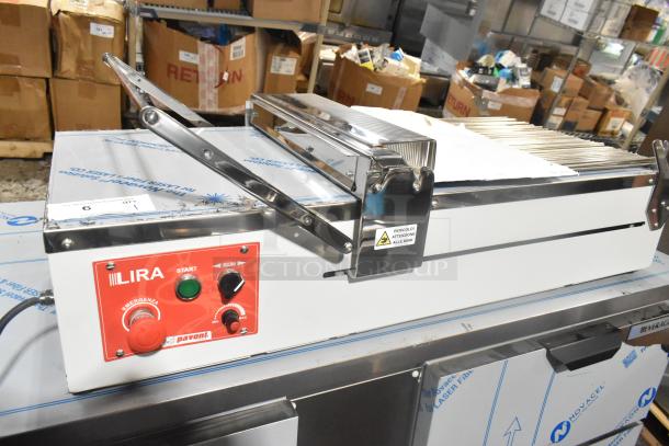 BRAND NEW Pavoni LIRA/E110V Semi-Automatic Dessert Slicer. Visible control panel with start and run buttons. 110V, 1 Phase.