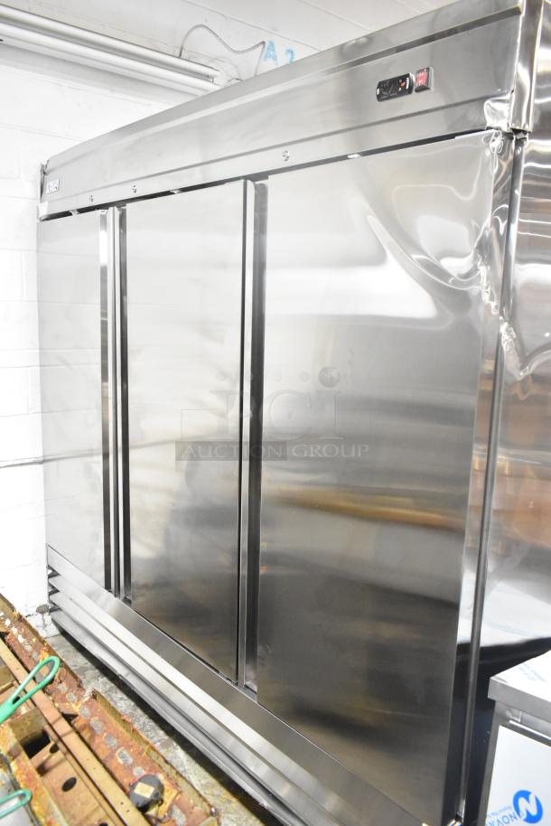 Brand new Avantco 178SS3FHC stainless steel 3-door reach-in freezer, 2025 model, with poly-coated racks, 115V, 1 phase.
