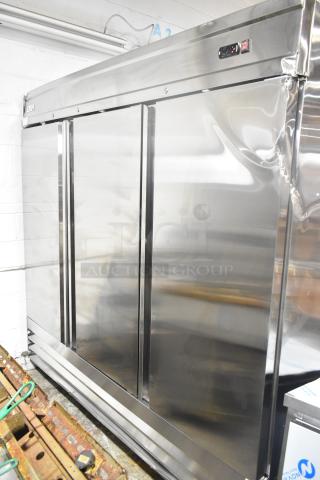 Brand new Avantco 178SS3FHC stainless steel 3-door reach-in freezer, 2025 model, with poly-coated racks, 115V, 1 phase.