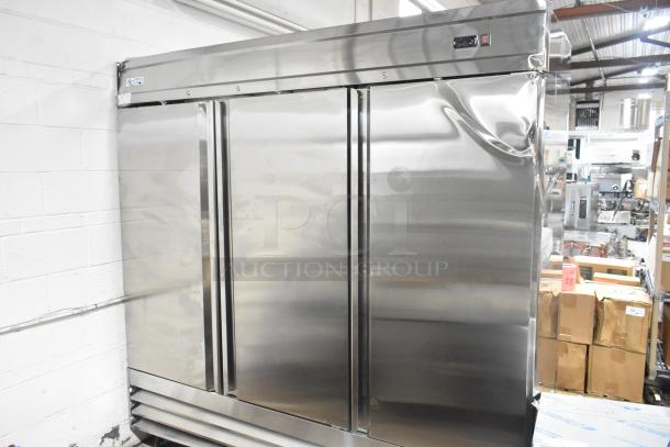 Brand new Avantco 178SS3FHC 3-door stainless steel freezer with poly coated racks. Scratch and dent condition. 115V, 1 Phase.