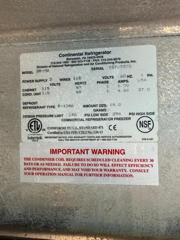 Continental 2R-HD Refrigerator label showing model, power supply, refrigerant type, and cleaning warning.