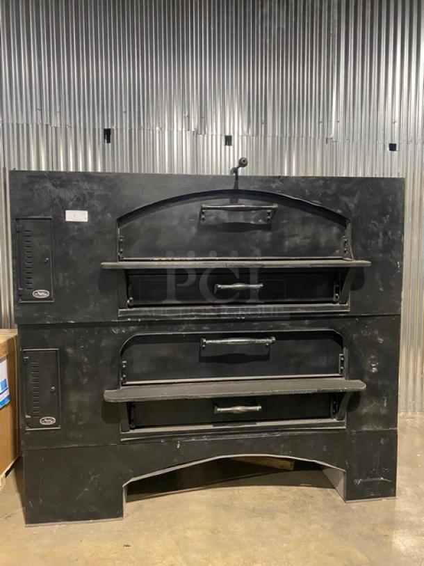 Marsal & Sons MB-60 black commercial double-stacked pizza deck oven, natural gas, model MB60, SN: 525, 120V, 1 Phase.