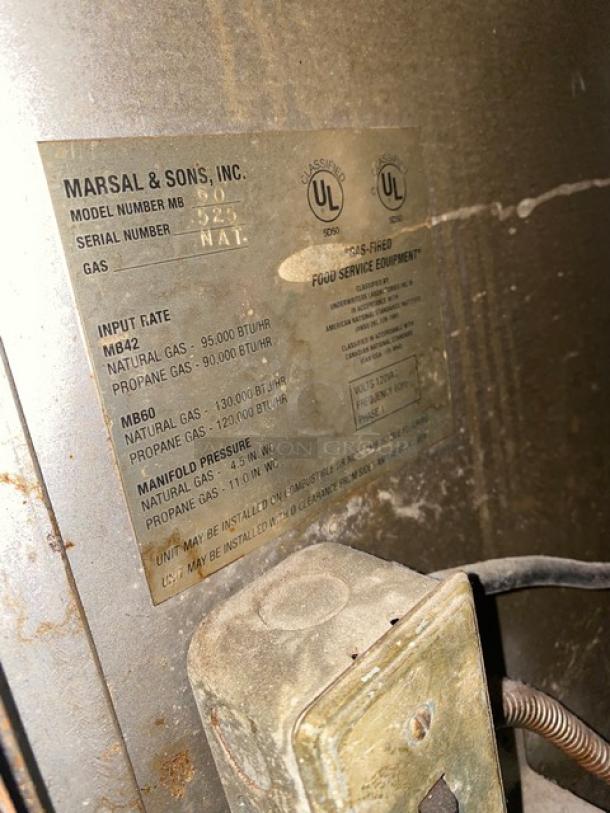 Marsal & Sons MB60 commercial pizza deck oven label, showing model and serial number, input rate, and fuel type.