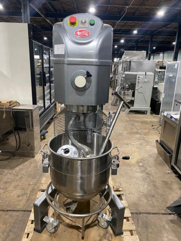 Avantco 60 Qt. planetary floor mixer, model 177MX60H, with electric lift, stainless steel bowl, dough hook, and wire whip.