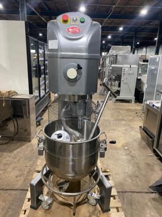 Avantco 60 Qt. planetary floor mixer, model 177MX60H, with electric lift, stainless steel bowl, dough hook, and wire whip.