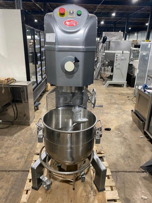 Avantco 60 Qt. planetary floor mixer, model 177MX60H, with electric bowl lift, cast aluminum dough hook, and stainless steel bowl.