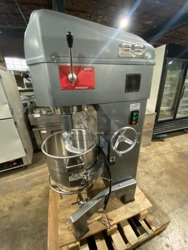 Avantco 60 Qt. planetary floor mixer, model 177MX60H, with electric bowl lift, dough hook, stainless bowl, and wire whip.