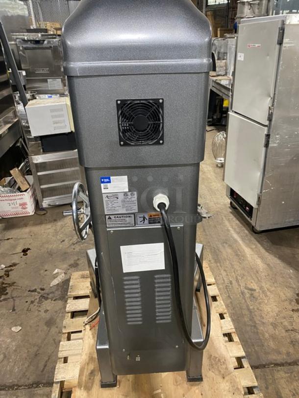 Avantco 177MX60H 60 Qt. planetary floor mixer with electric bowl lift, stainless steel mixing bowl, and aluminum dough hook.