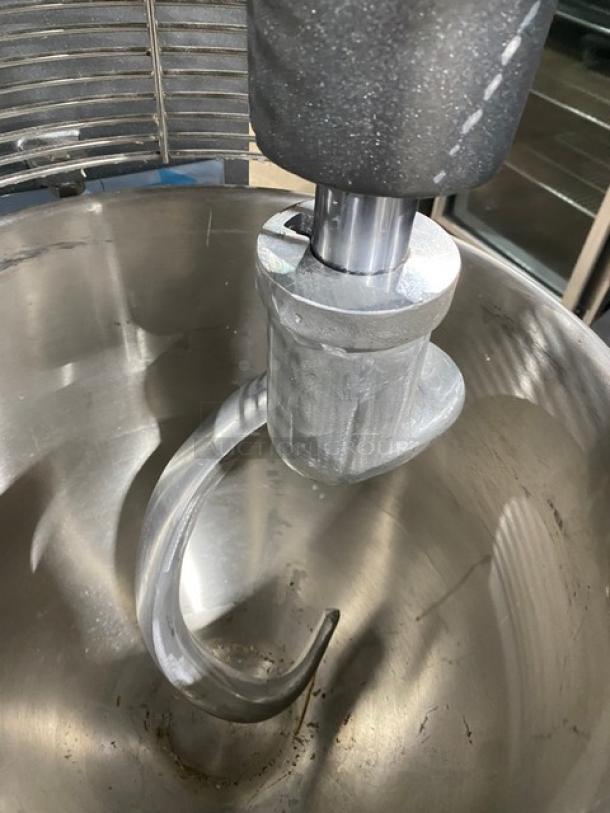 Avantco 60 Qt. planetary floor mixer, model 177MX60H, with stainless steel bowl and cast aluminum dough hook.